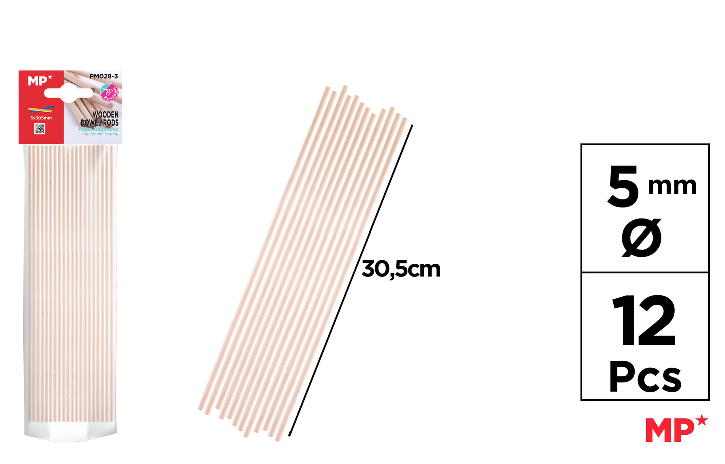 Palos Redondos de Madera 5mm*30.5cm 12pcs