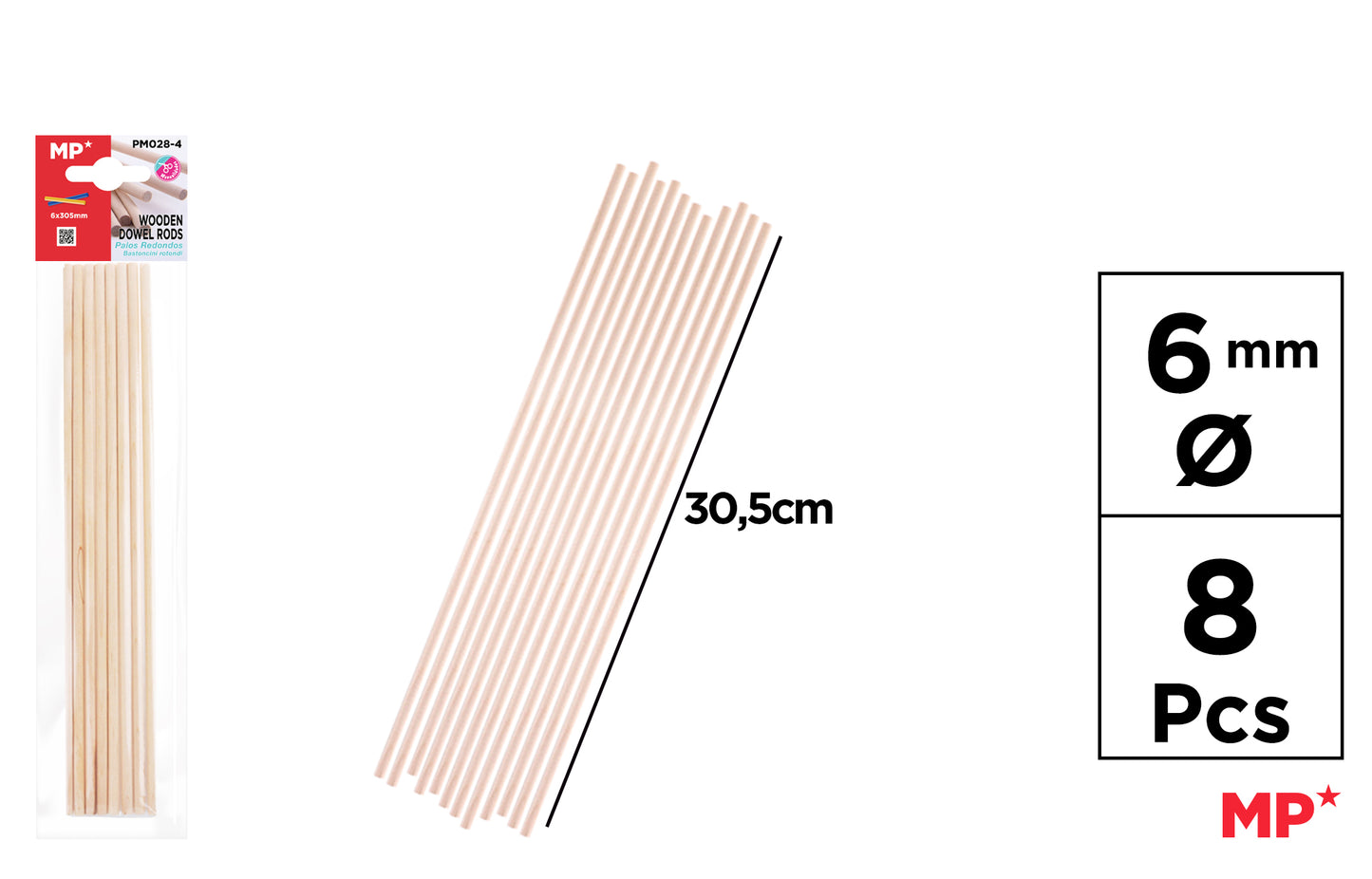 Palos Redondos de Madera 6mm*30.5cm 8pcs