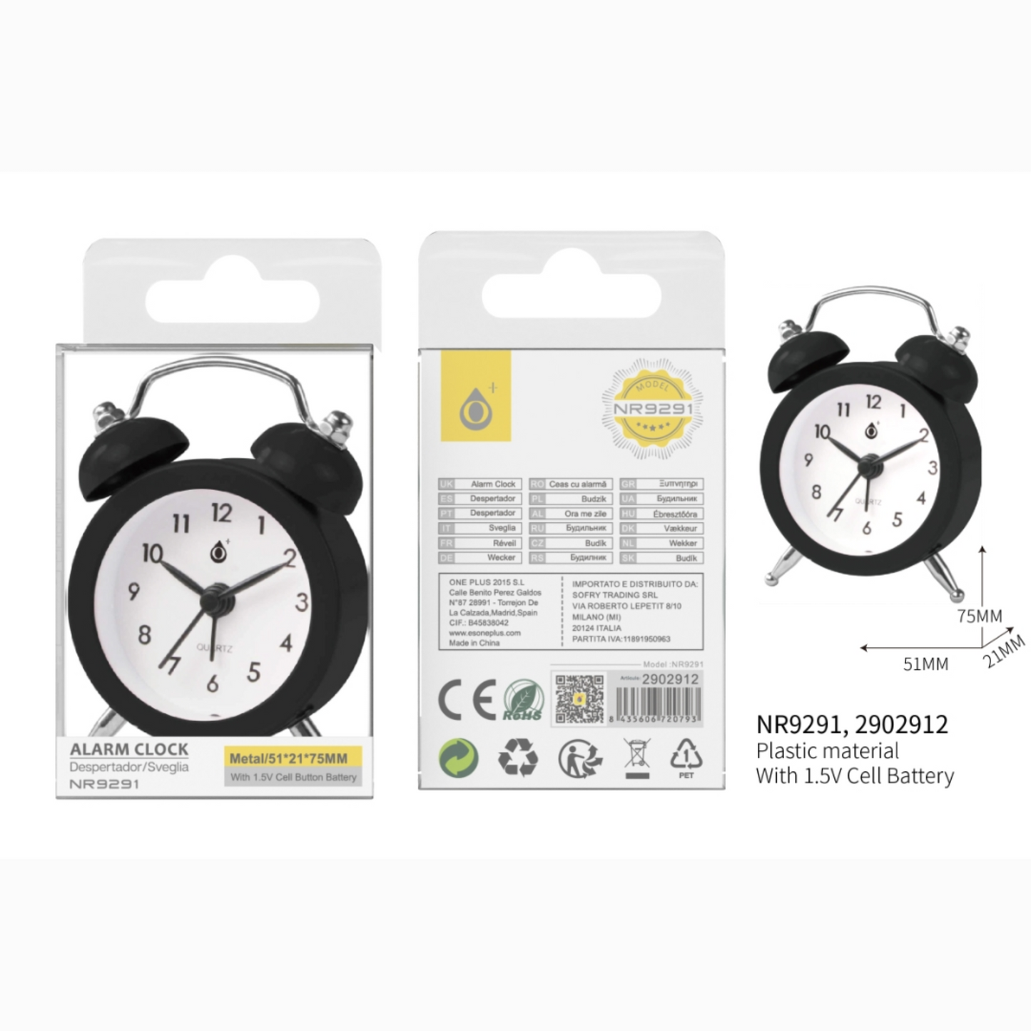 Reloj despertador negro 6*2.5*8 cm,