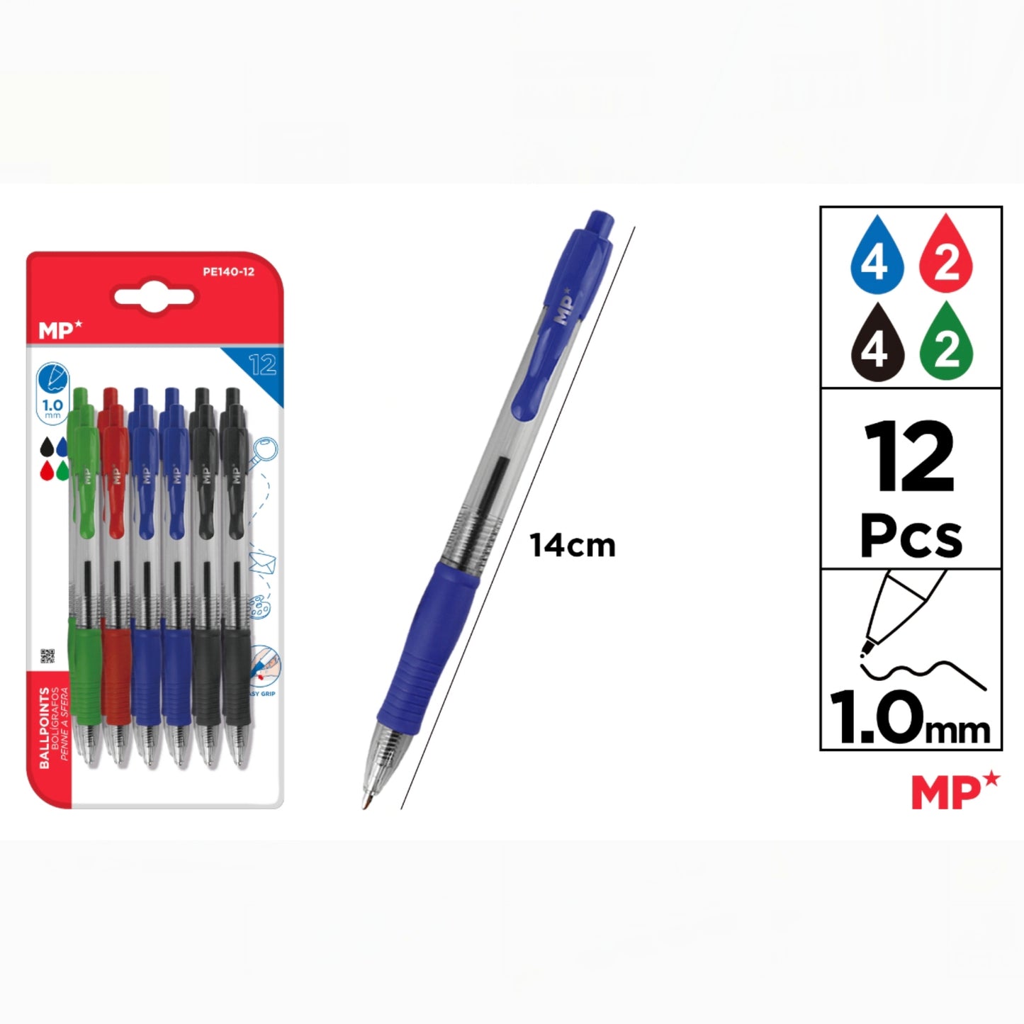 Boligrafo de clic 1mm 12PZ 4 colores