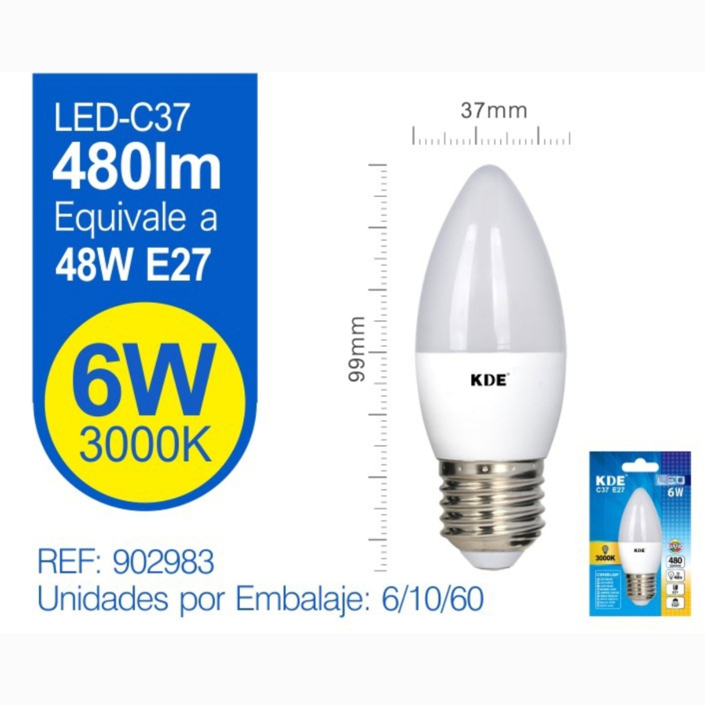 Bombilla led 6W E27 vela