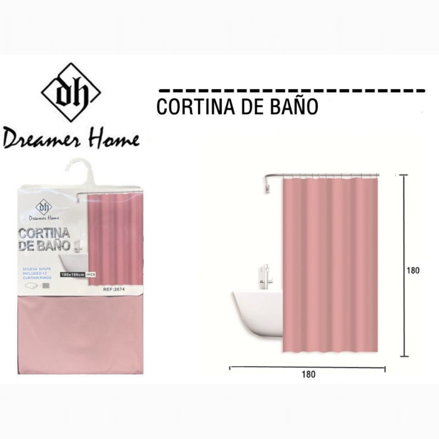 Cortina de Baño liso 180x180cm rosa