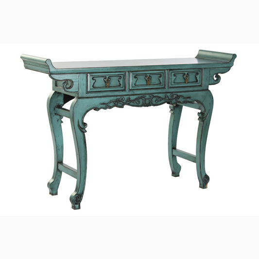 Consola olmo metal 135*37*89cm 3 caj verde azulado