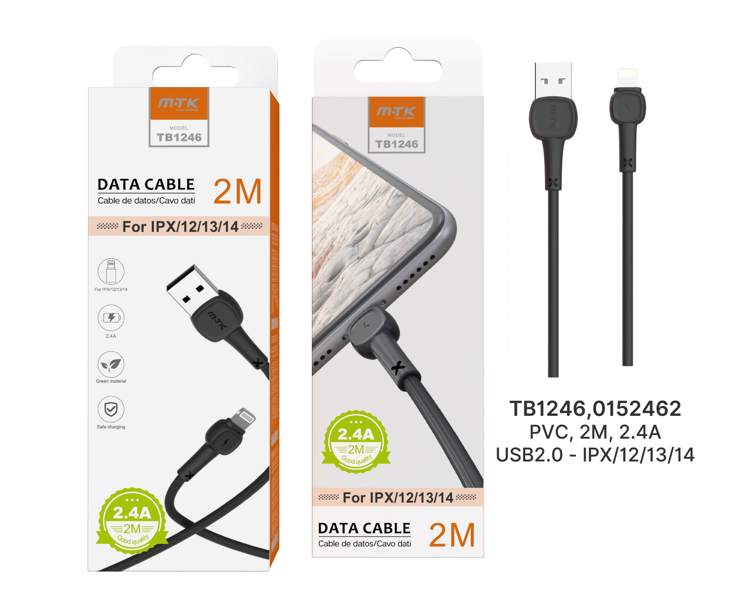 Cable iphone negro 2A 2m